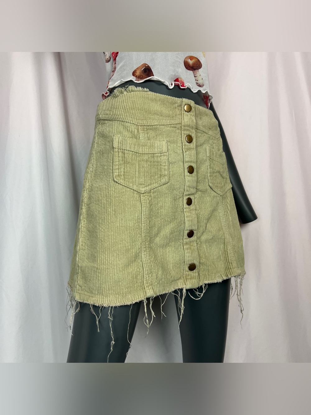 Light Sage Green Corduroy Tattered & Distressed Mini Skirt